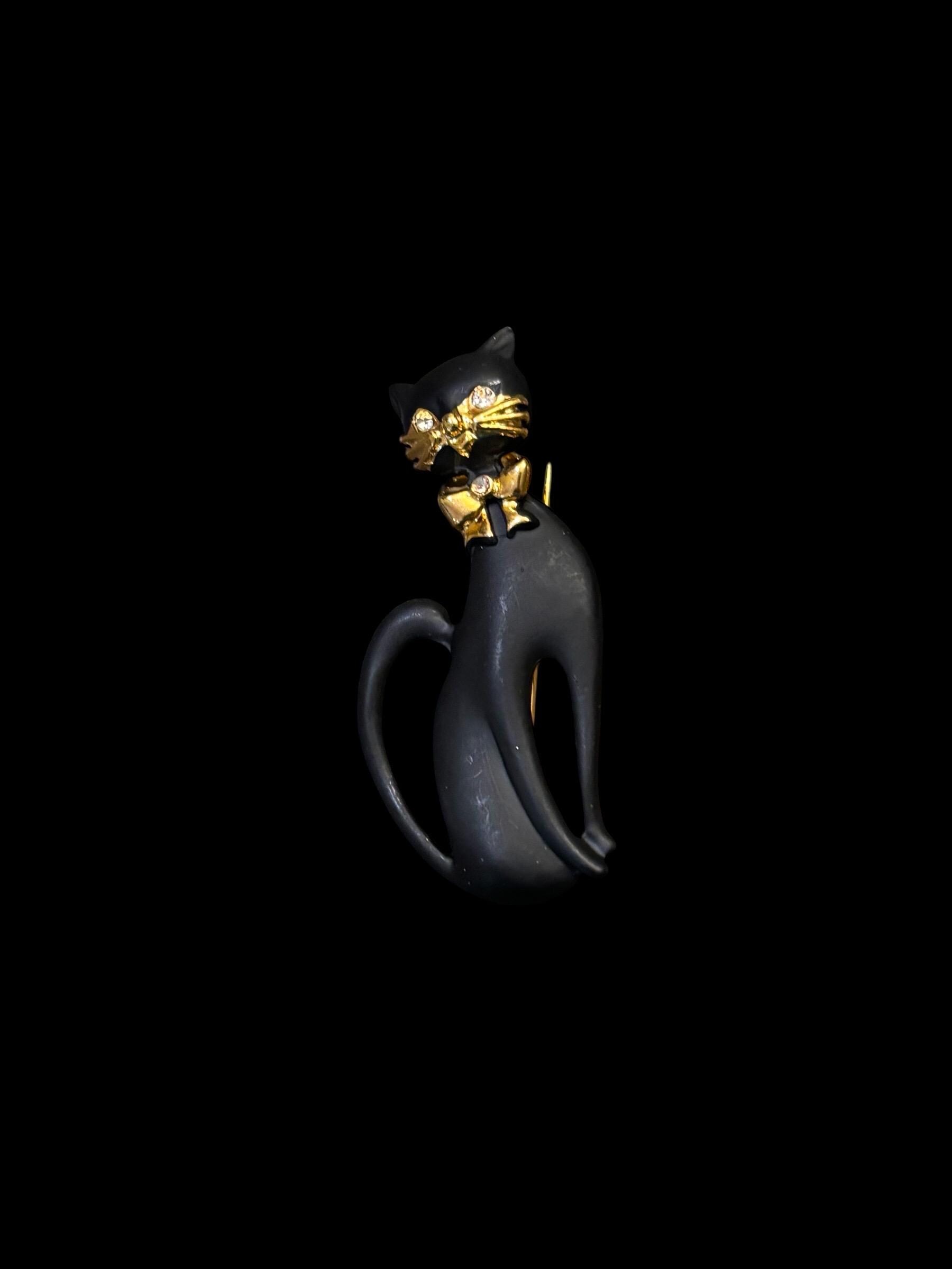 Vintage Black Cat Brooch – Gold Bow Tie Rhinestone Enamel Pin - Etsy
