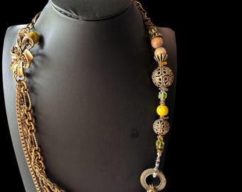 Boho Layered Statement Necklace | Vintage Brass Tone Tribal Beads Asymmetrical Jewelry