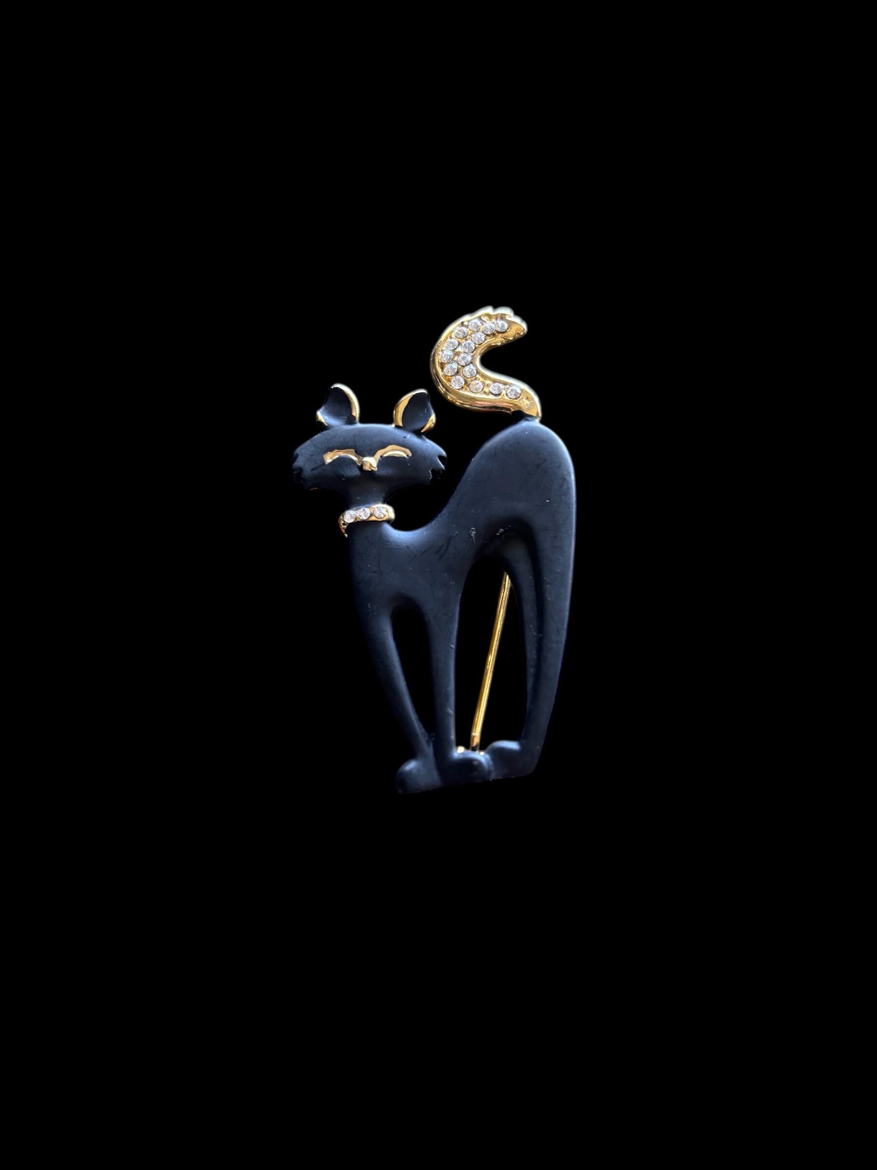 Vintage Black Cat Brooch With Rhinestones – Gold Tone Feline Pin ...