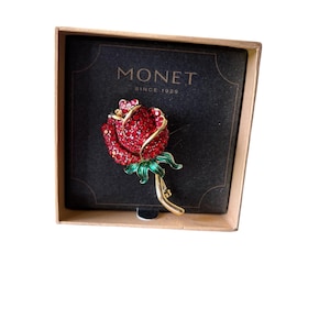 Signed Monet Red Rhinestone Rose Brooch | Gold Tone Floral Statement Pin