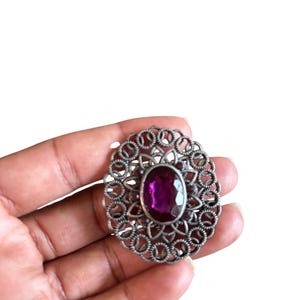 Vintage Filigree Ruby Red Brooch | Antique Silver Floral Statement Jewelry