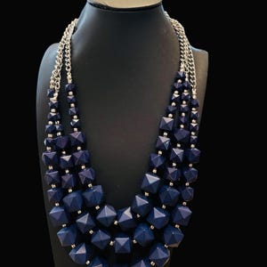 Navy Blue Geometric Multi-Strand Statement Necklace – Layered Acrylic Beads