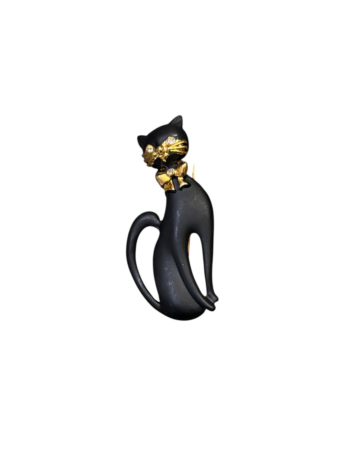 Vintage Black Cat Brooch – Gold Bow Tie Rhinestone Enamel Pin - Etsy
