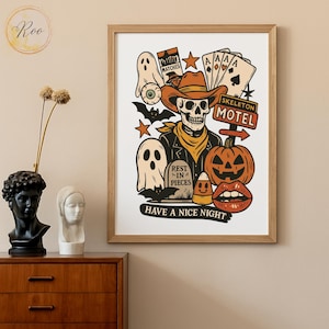 Western Skeleton Motel PNG, Halloween Cowboy Design, Scary Pumpkin Ghost File, Vintage Motel Halloween Design, Spooky Season Gift Idea