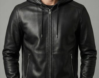 Zwart leren herenjack met capuchon, echt leren bomberhoodie