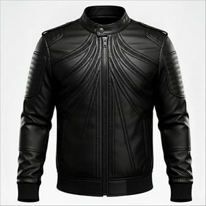 May include: A black leather jacket with a stand-up collar and a full-length zip. The jacket has quilted detailing on the shoulders and sleeves, and a ribbed hem and cuffs. The design includes decorative stitching radiating from the zip.