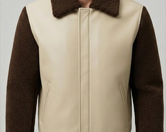 Men's Cream Leather Bomber, Brown Shearling Sleeves, Warm Fur Lined Varsity Jacket
