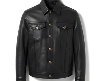 Giacca Uomo Camionista Nera Biker Slim Fit In Vera Pelle Con Bottoni