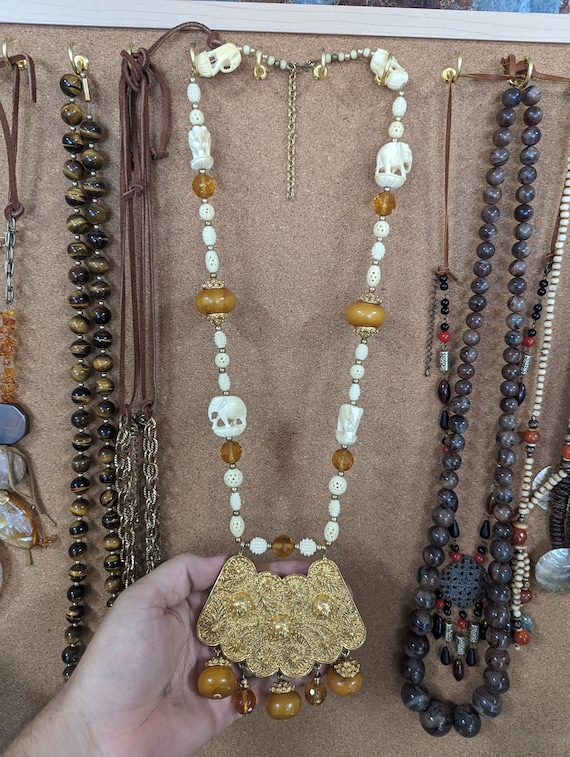 Epic Vintage Elephant Themed Statement Bone Neckl… - image 1