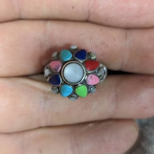 Vintage, Large Tibetan Sterling Silver Ring, Turquoise Lapis Coral, Size 6