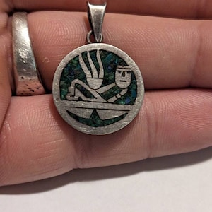 Vintage Crushed Turquoise Aztec Sterling Silver Pendant, Signed