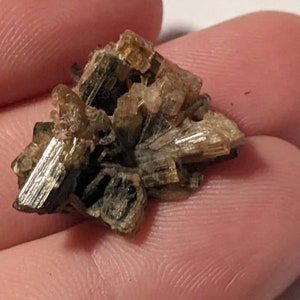 May include: A cluster of brown and gold crystals with a rough, natural texture. The crystals are arranged in a starburst pattern.