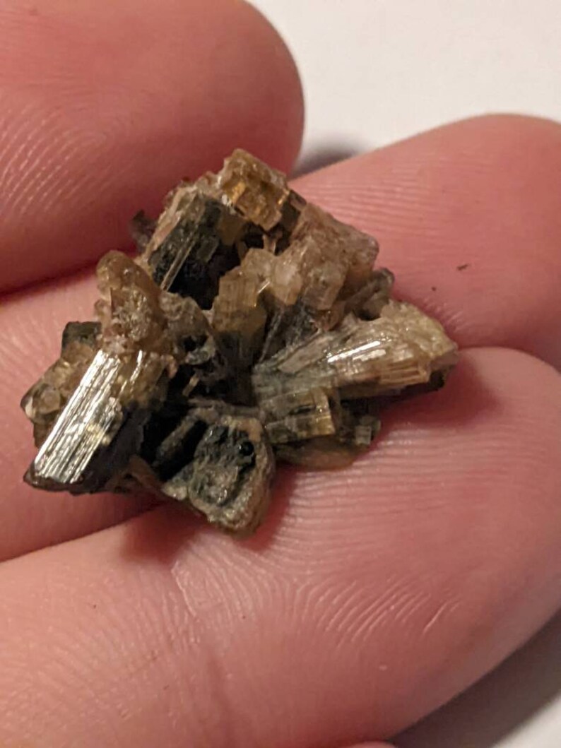 May include: A cluster of brown and gold crystals with a rough, natural texture. The crystals are arranged in a starburst pattern.