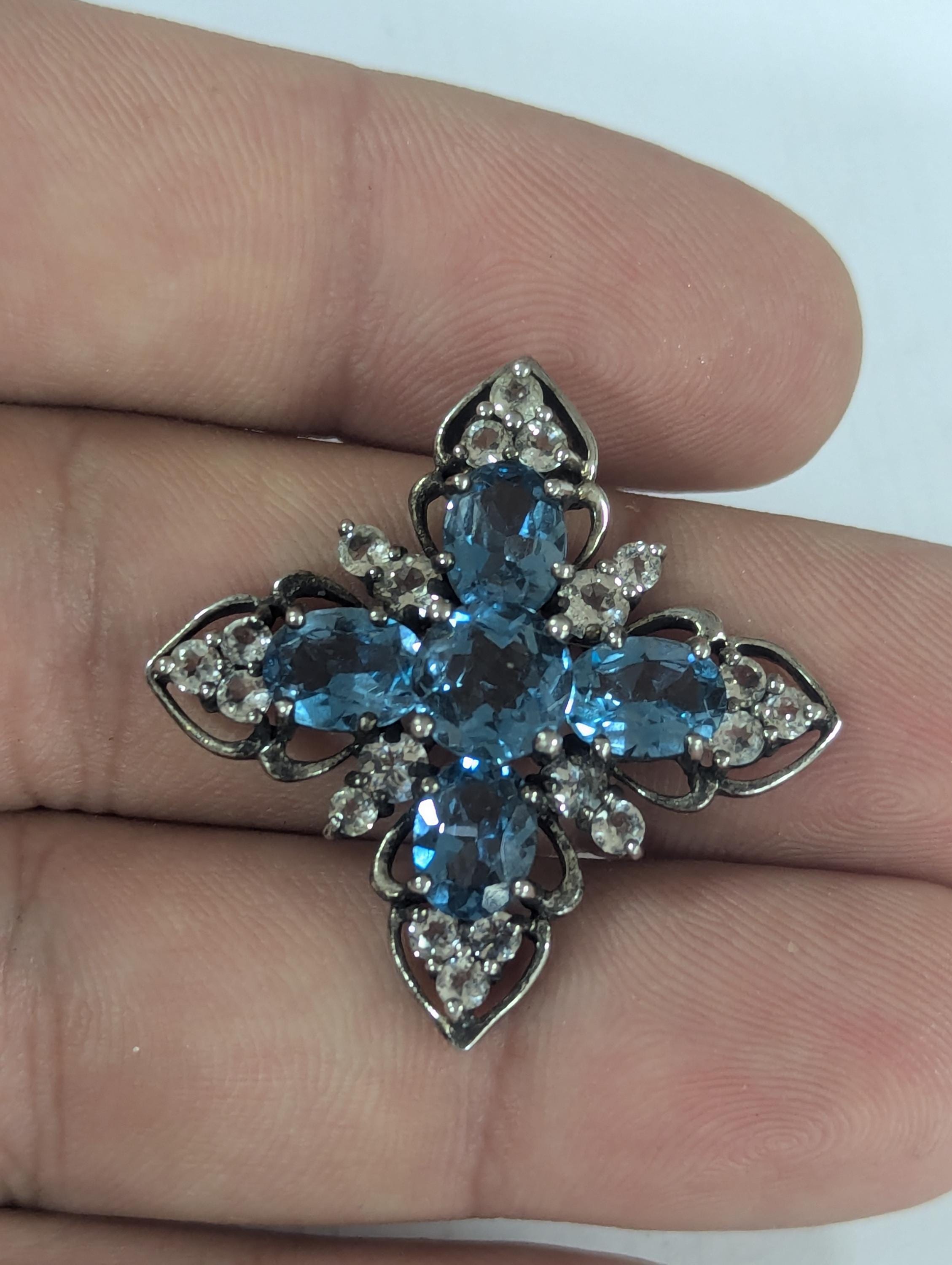 Pendentif Vintage Années 80 Croix En Argent Sterling 925 Avec Topaze Bleue Et Moonstone - Longueur 18 Pouces