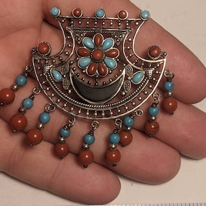 Large Sterling Silver Turquoise Red Jasper Tribal Style Pendant