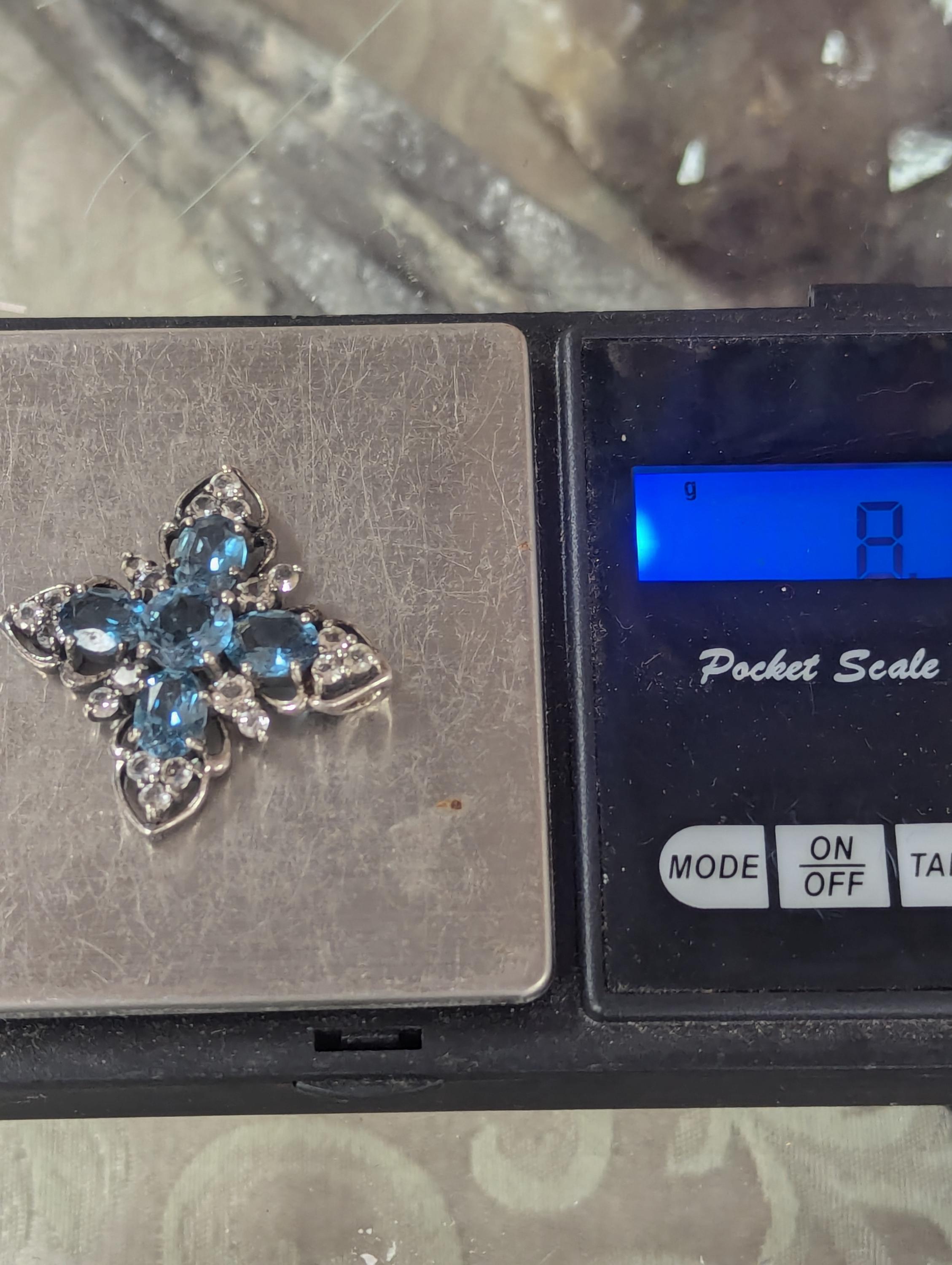 Pendentif Vintage Croix En Argent Sterling 925 Avec Topaze Bleue - Années 80, Collier 18 Pouces, Occasion