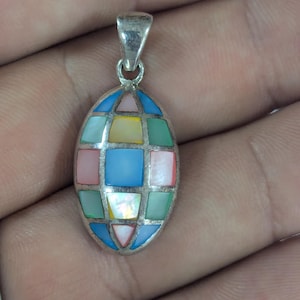 Vintage Inlay Abalone Mother of Pearl Sterling Silver Pendant