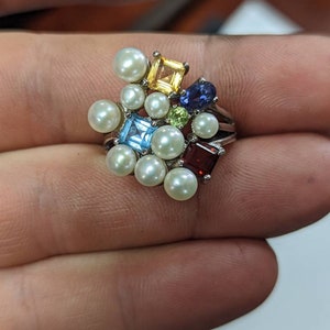 Epic Gemstone and Pearl Cocktail, Sterling Silver Ring Size 9