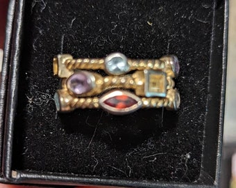 Vintage Gemstone, Amethyst Citrine Topaz garnet, Sterling Silver Ring Size 7