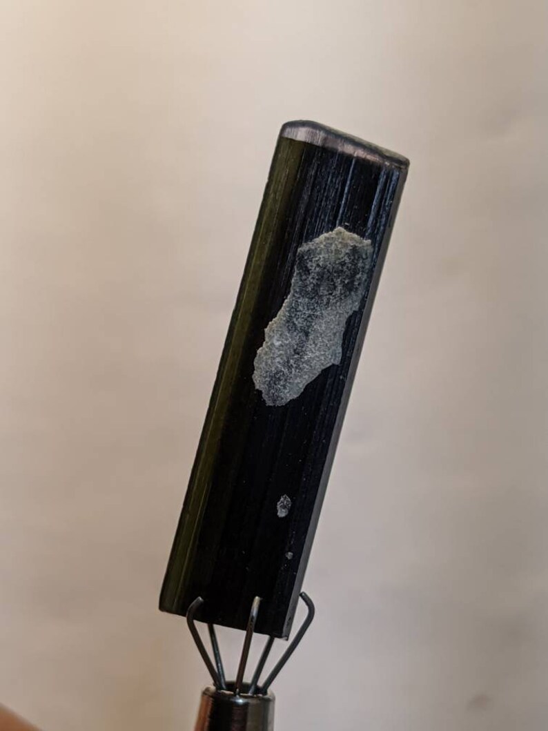 May include: A dark green and black gemstone with a rough, rectangular shape. The gemstone is held in a metal clamp.