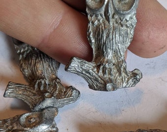 Owl on Branch, Large Eyes Pewter Figurine