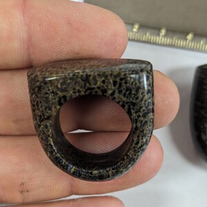 May include: A dark brown and black ring made of fossilized wood. The ring has a unique, textured surface and a wide band.