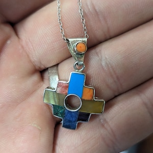 Inlay Sterling (950) Silver Vintage Cross Pendant And Sterling Chain