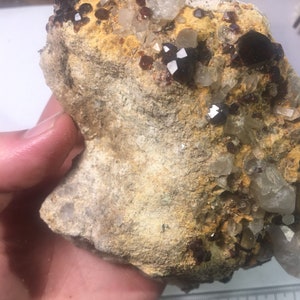 1.9lbs,Orange/Red Spessartine Garnets w Quartz Crystals Cluster