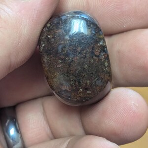 May include: A smooth, polished, oval-shaped stone with a brown, red, and gray mottled pattern.