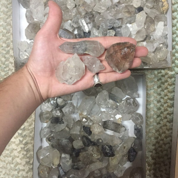 1lb Wholesale Unsearched Lot of Tibetan Quartz Crystals, some double terms, rainbows, black phantoms, heady mix