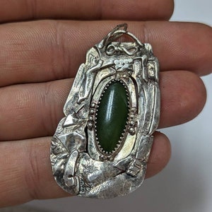 Large Signed Jade Sterling Silver Handmade Pendant
