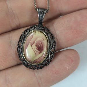 Vintage Pink Rose Pendant, Sterling Silver Necklace