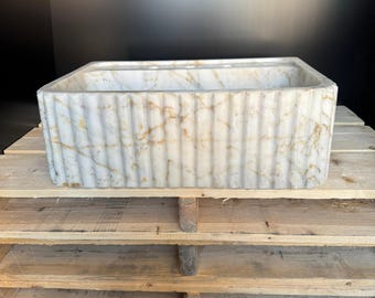 Calacatta Gold Marble Sink, Fluted Wall Mount Luxury Vanity, Powder Room Basin