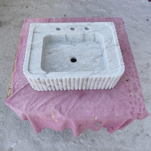 Handcrafted White Marble Sink with Grey Veining, Fluted Rectangular Basin, Drilled Faucet Holes, Modern Bathroom Vanity Vessel, Stone Sink