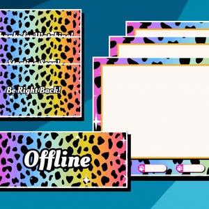May include: A set of streaming overlays with a colorful leopard print design. The overlays include screens for "Thanks for Watching!", "Starting Soon!", "Be Right Back!", and "Offline". The design features a mix of pink, yellow, blue, and black.
