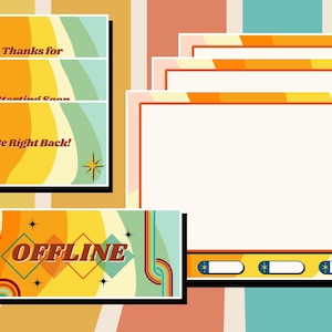 Peut inclure: Graphiques de superposition de streaming de style rétro dans les tons orange, jaune, vert et bleu. L'ensemble comprend des écrans "Merci", "Démarrage prochain", "Retour dans un instant !" et "Hors ligne", ainsi que plusieurs cadres d'affichage personnalisables.