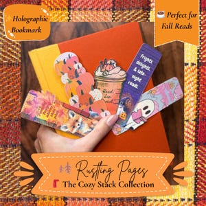 Rustling Pages Fall Bookmark | Cozy Autumn Bookmark for Readers | Holographic Laminated Bookish Gift