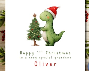 Dinosaur 1st Christmas Card for Grandson | Editable Dino Greetings (Digital Download)