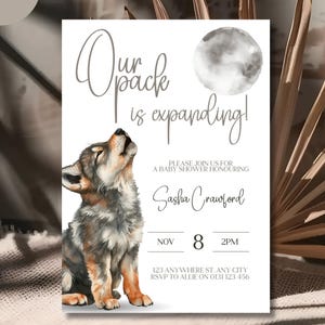 Invitación editable para baby shower de lobo: temática de bosque rústico (plantilla de descarga digital)