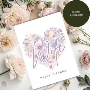 Floral Birthday Card for Wife: Pastel Heart Bouquet (Digital Printable 5x7 PNG)
