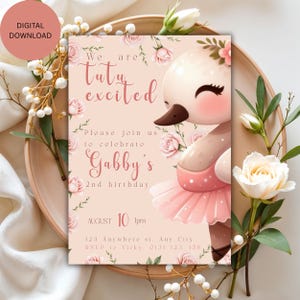 Ballerina Swan Birthday Invitation: Pink Floral Tutu Party (Editable Canva Template Digital Download