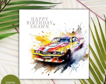 Kartka urodzinowa z motywem samochodu wyścigowego: edytowalny projekt akwarelowy (kwadratowa kartka do pobrania w wersji cyfrowej)