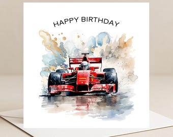Tarjeta de cumpleaños de coche de carreras de Fórmula 1, editable e imprimible (descarga digital)