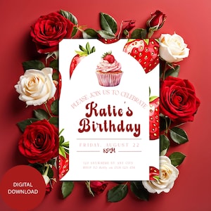 EDITABLE Strawberry Birthday Invitation | Girl&#39;s Pink Cupcake Party Invite | Digital Download | Printable Summer Birthday Template