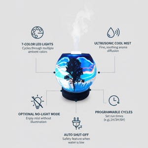 Peut inclure: Diffuseur d'aromathérapie sphérique avec un motif de paysage bleu foncé et blanc et une silhouette d'arbre. Il dispose de lumières LED 7 couleurs, d'une brume fraîche ultrasonique et de cycles programmables. Le texte de l'image indique "Optional No-Light Mode" et "Auto Shut-Off".