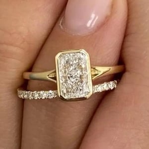 2 CT Radiant Cut Moissanit Lünette Set für Verlobungsring 14k Gelbgold Brautring Set für Ehering Ring Geschenk für Sie Frauen Pave Set