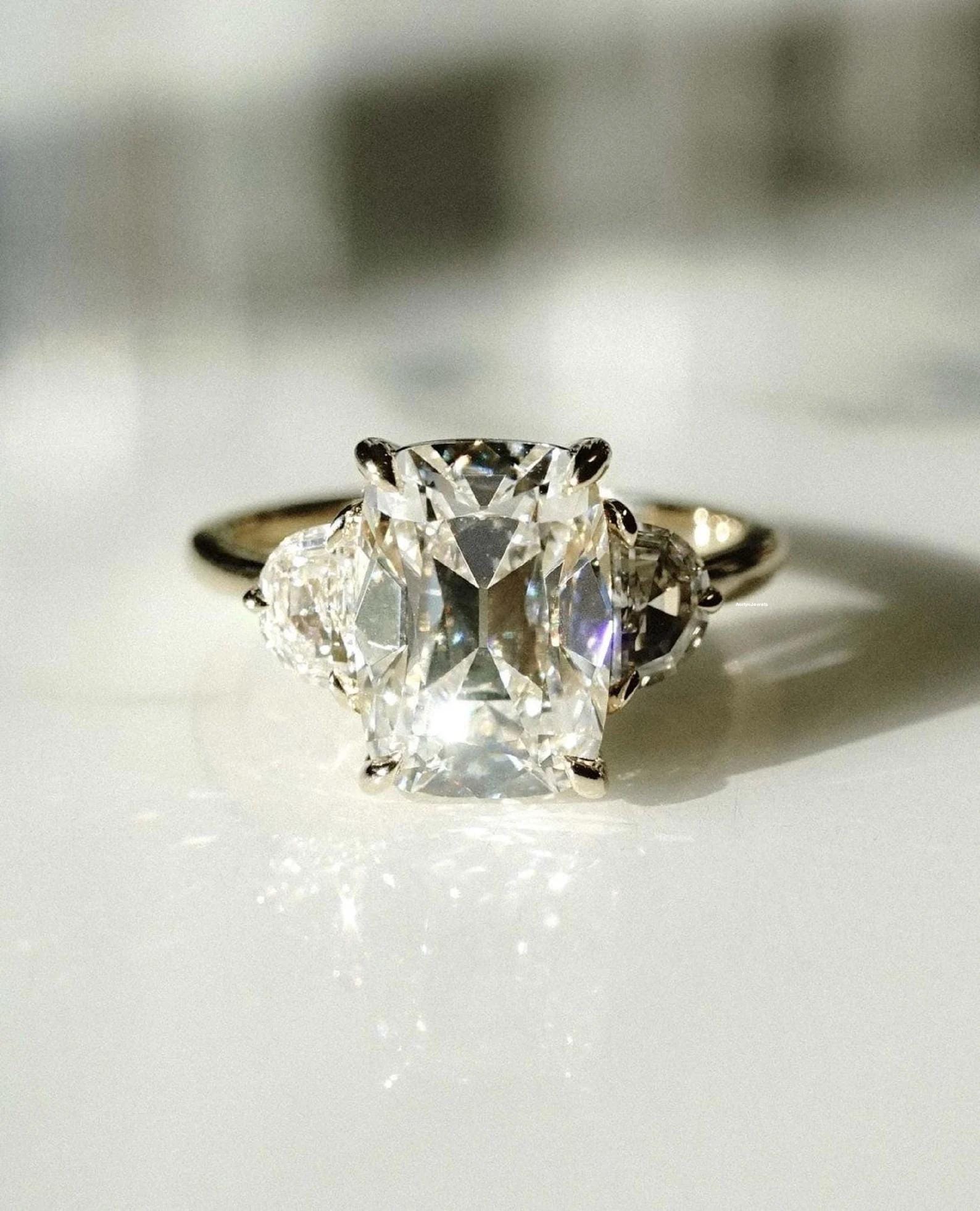 2 CT Old Mine Cushion Cut Moissanite Diamond Ring 14K Yellow Gold ...