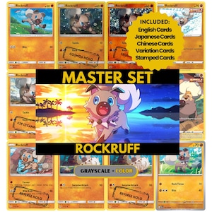 Puede incluir: Una colección de cartas coleccionables de Rockruff con diversas ilustraciones y patrones holográficos. La imagen incluye el texto Master Set Rockruff, Grayscale + Color y una lista de tipos de cartas como inglés, japonés y chino.