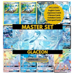 Páginas para carpeta del set maestro de Glaceon, tarjetas de marcador de posición de Pokémon, PDF imprimible y descarga digital.
