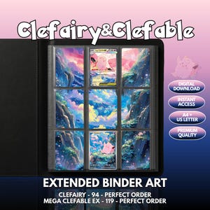 Peut inclure: Un classeur noir contenant neuf emplacements pour cartes à collectionner affichant une illustration paysagère continue et colorée avec des cartes Clefairy et Mega Clefable EX. Le texte inclut Clefairy & Clefable, Digital Download, Instant Access, A4 + US Letter, Premium Quality et Extended Binder Art.
